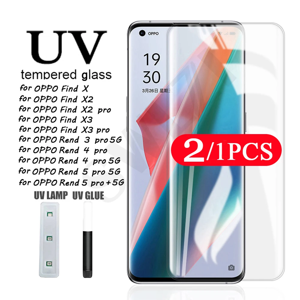 2/1Pcs UV tempered glass for OPPO Reno 5 4 3 Find X3 X2 pro plus 5G X protective film UV Glass phone screen protector smartphone