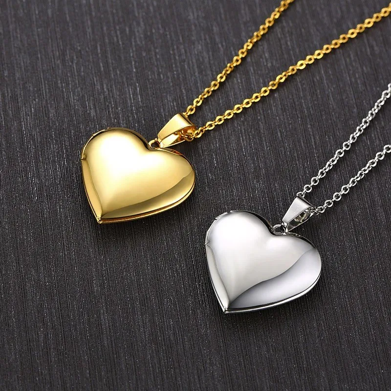 Romantic Heart Locket Pendants for Women Men Can Be Open Photo Frame Glossy Stainless Steel Necklaces Family Love Gifts