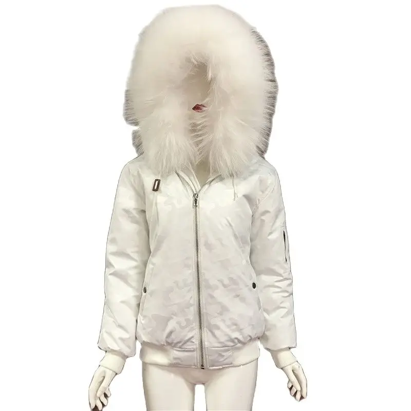 Uniforme de béisbol blanco de camuflaje, chaqueta de piel sintética para mujer, Cuello de piel de mapache Real, S-4XL extraíble