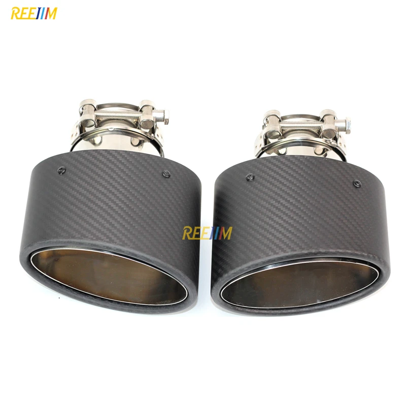 2 PCS Oval Slanted Matte Carbon Fiber Exhaust tips  Tailpipe muffler tip Chrome pipe Width 150mm Stainless nozzle car styling