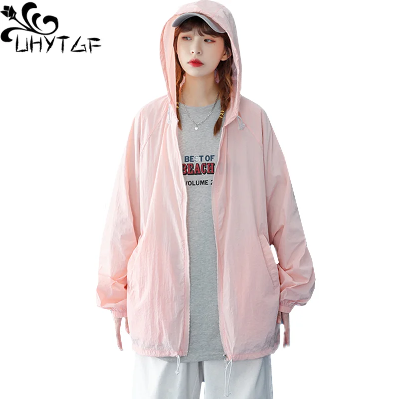 UHYTGF Oversized Sun Protection Clothing Coat Women Fashion Ice Silk Hooded Breathable Summer Jacket Female Loose Coat Tops 1652