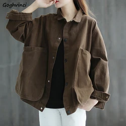 Jackets Women Basic Unisex Solid Loose College Street Wear Popular Pockets Turn-down Collar Couples BF Outwears Leisure Simple