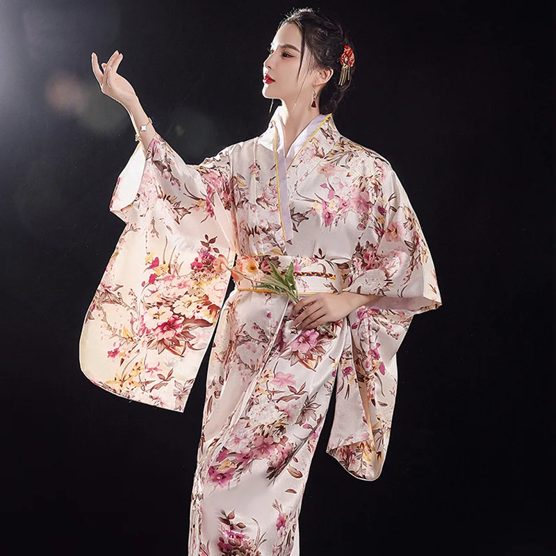 2024 New Woman Lady Japanese Tradition Yukata Kimono With Obi Flower Vintage Evening Dress Cosplay Costume One size ZW01