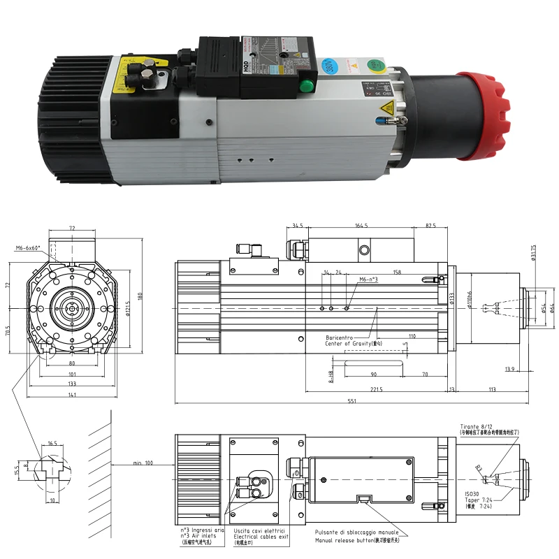 ATC Spindle 9kw ISO30 Motor Air Cooling 24000rpm 220V / 380V Hanqi HQD Wholesale CNC Milling  Router ATC Spindle