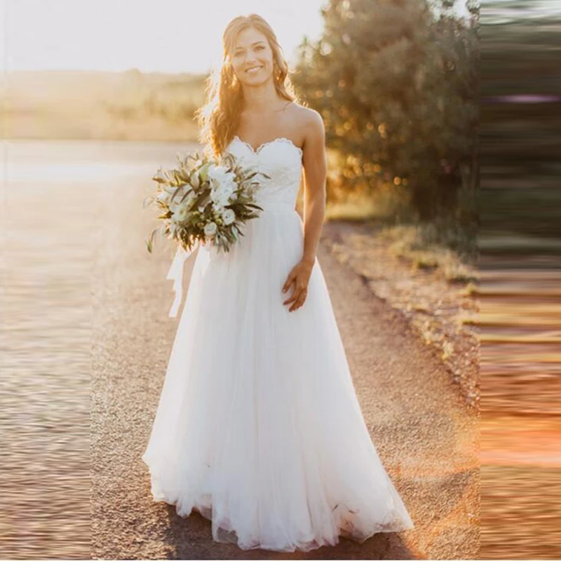 

Dream Sweetheart Sleeveless White Wedding Dresses Tulle Floor Length Simple Beach Summer Backless A-line Modest Bridal Gown