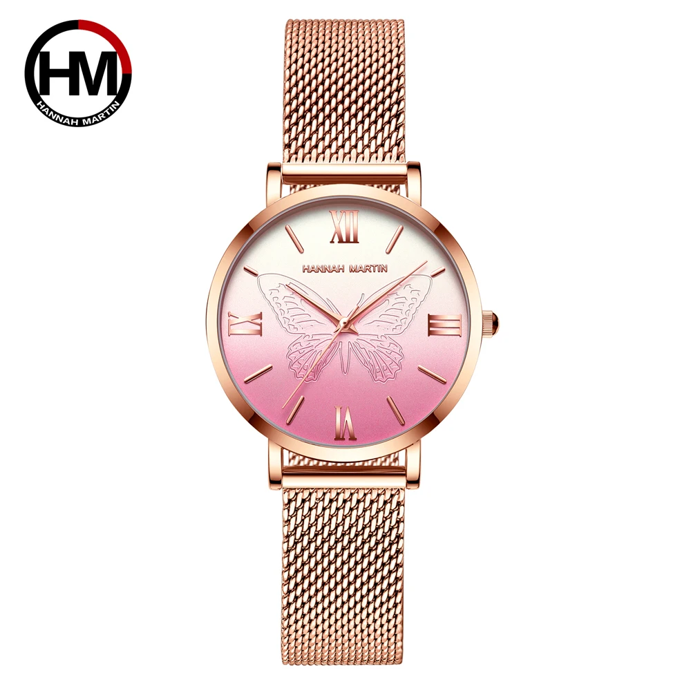 2021New Women\'s Watch Luxury 3D Butterfly Rose Gold Mesh Strap Japanese Movement Waterproof Quartz Women Wristwatch Montre Femme