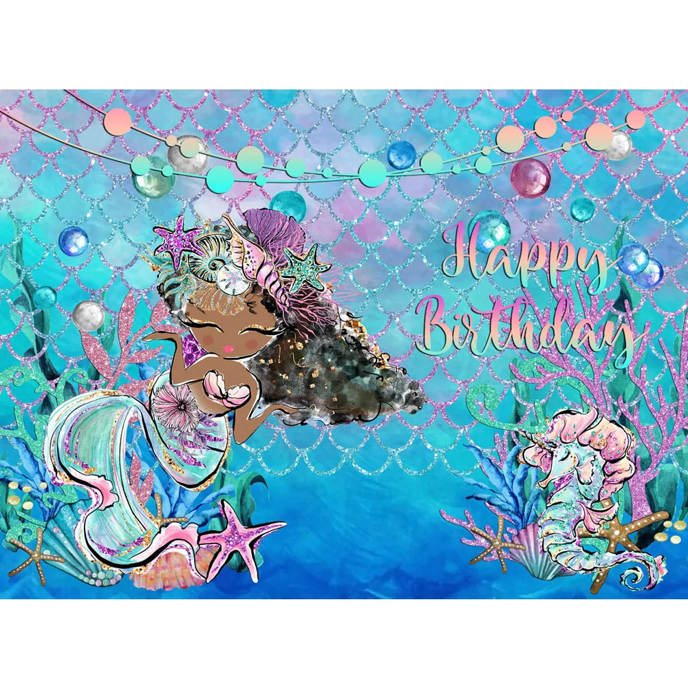 Latar belakang ulang tahun bertema putri duyung untuk fotografi di bawah laut kartun putri duyung latar belakang Hippocampus karang putri duyung baru lahir