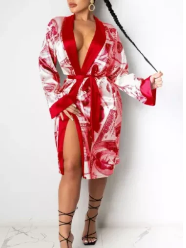 Hot Selling New Fashion Women Ladies Satin Silk Robes Trendy Dollar Print Long Sleeve Silky Kimono Bathrobe Sleepwear with Belt