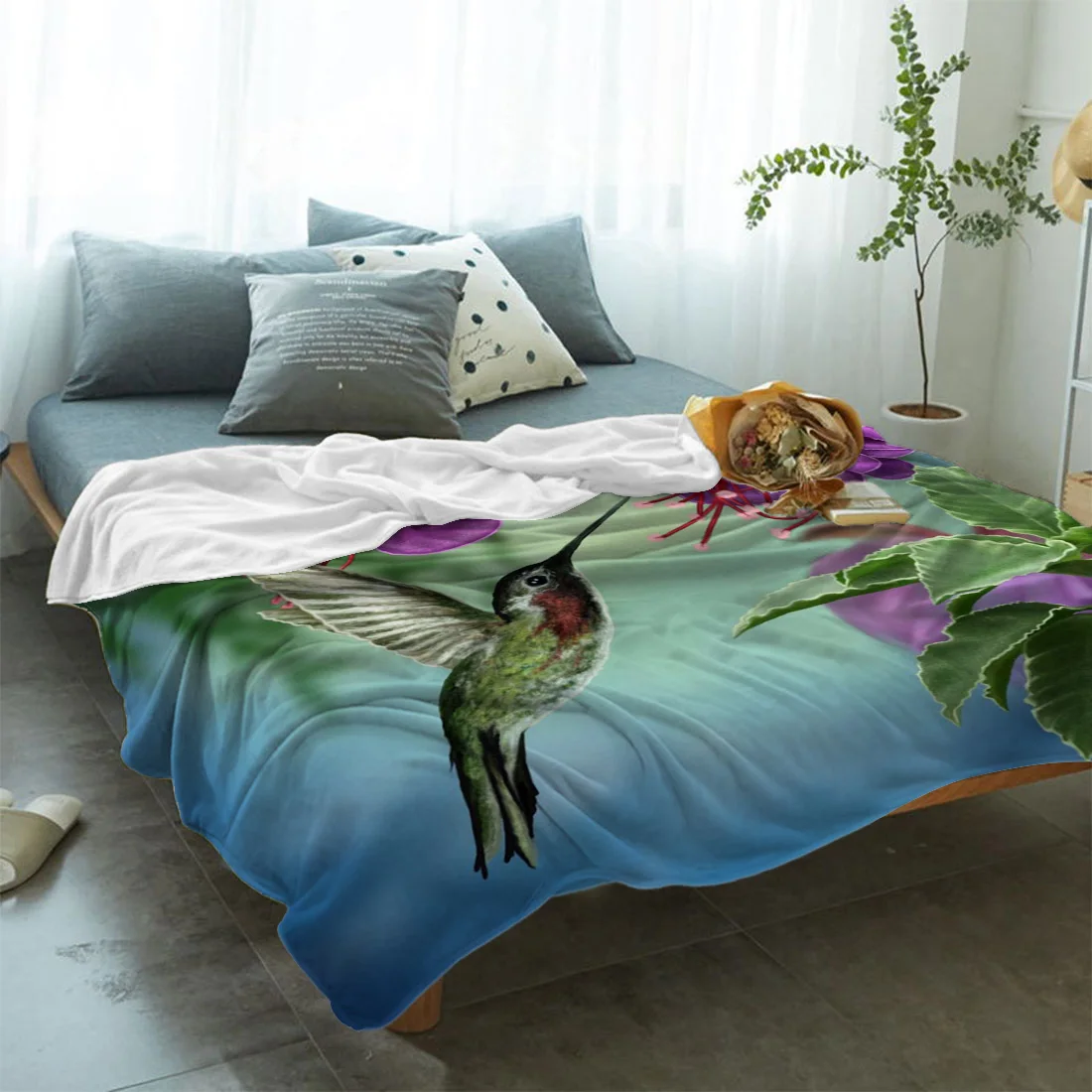 Flower Hummingbird Flannel Fleece Bed Blanket Bedspread Coverlet Bed Cover Soft Lightweight Warm Cozy Blankets