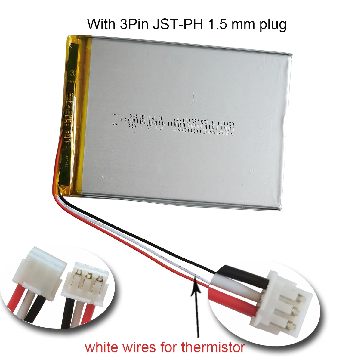 3.7V 3000mAh 11.1Wh Rechargeable Li-Polymer Li Battery 4070100 NTC 3-Wires Thermistor JST 3pin 1.0/1.25/1.5/ 2.0/ 2.54mm plug