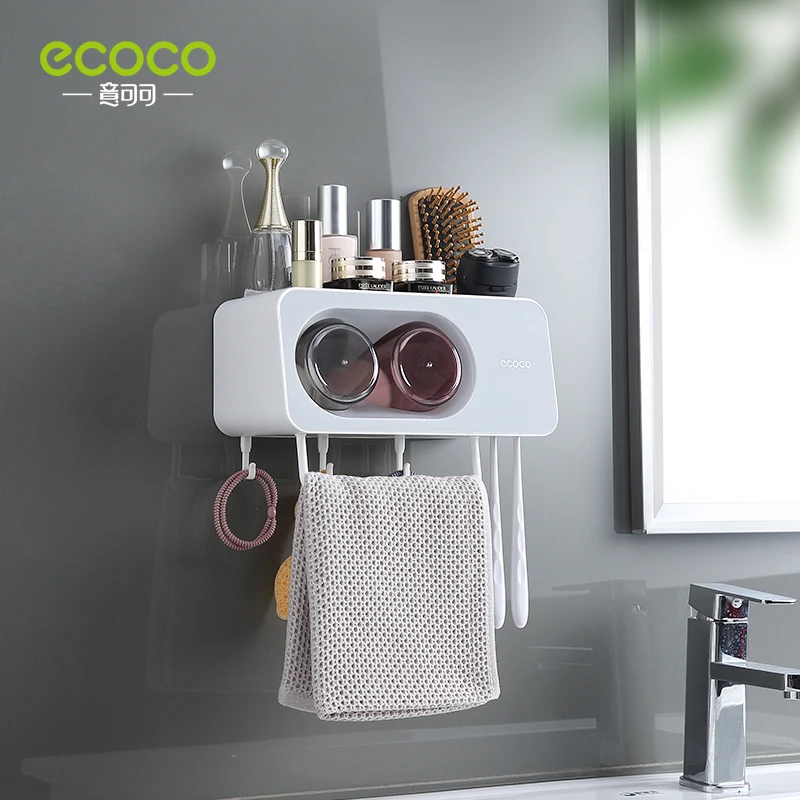 ECOCO Wall Mount Automatic Toothpaste Dispenser Bathroom Accessories Set Toothpaste Squeezer Dispenser  Toothbrush Holder Tool