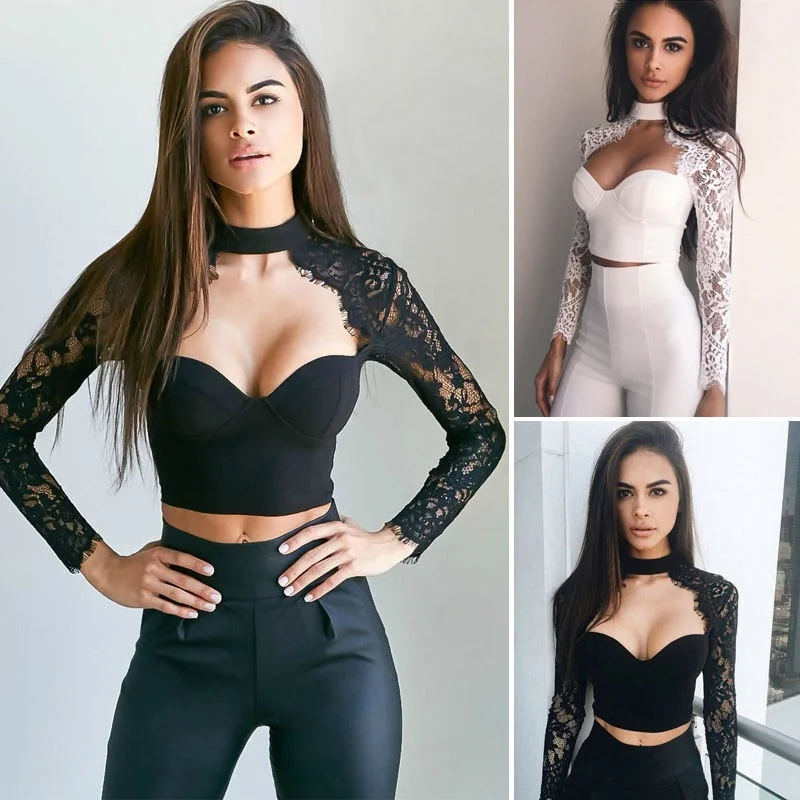 

Summer Fashion Women Sexy Cutout Long Sleeve Lace Shirt Tops Blouse Crop Tops White Black Women's Clothing