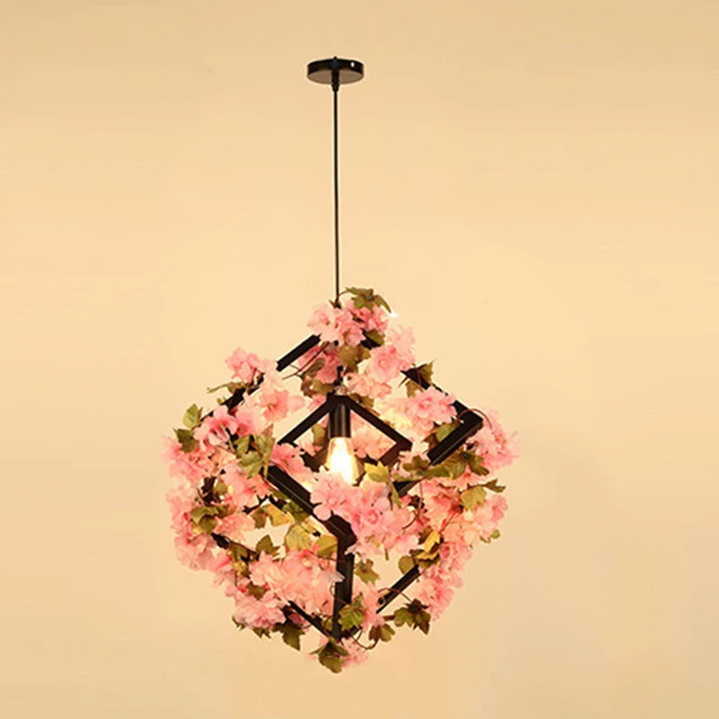 Square Simulation Green Plants Cherry Blossoms Chandelier For Bar Restaurant Retro Pendant Lamp Hot Sale Home Improvement