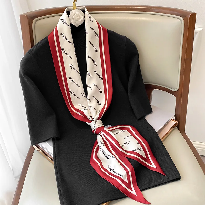 KOI LEAPING Aesthetic letter printing long silk scarf female multi-function decorative scarf headband tie wrist strap bag belt