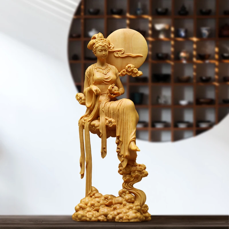 Wooden Moon Fairy Chang'e with Rabbit Figurine, Hand-Carved Sculpture for Home Decor and Gifts