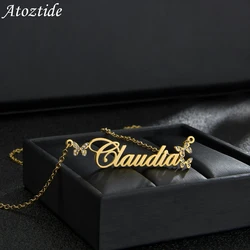 Atoztide New Custom Name Zircon Butterfly Stainless Steel Necklaces Letter for Women Choker Nameplate Summer Jewelry Gift