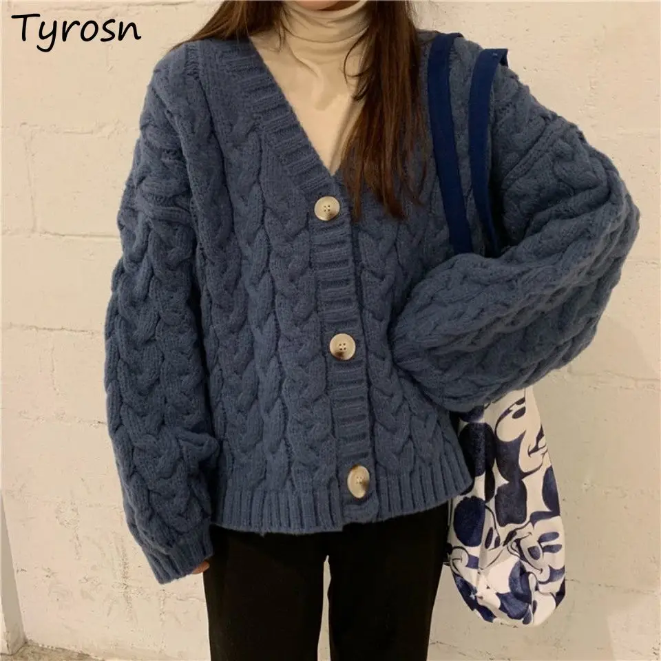 

Women Warm Cardigans Solid V-neck Thickening Sweaters Comfort All-match Ulzzang Elegant Ladies Retro Twist Knitting Daily Teens