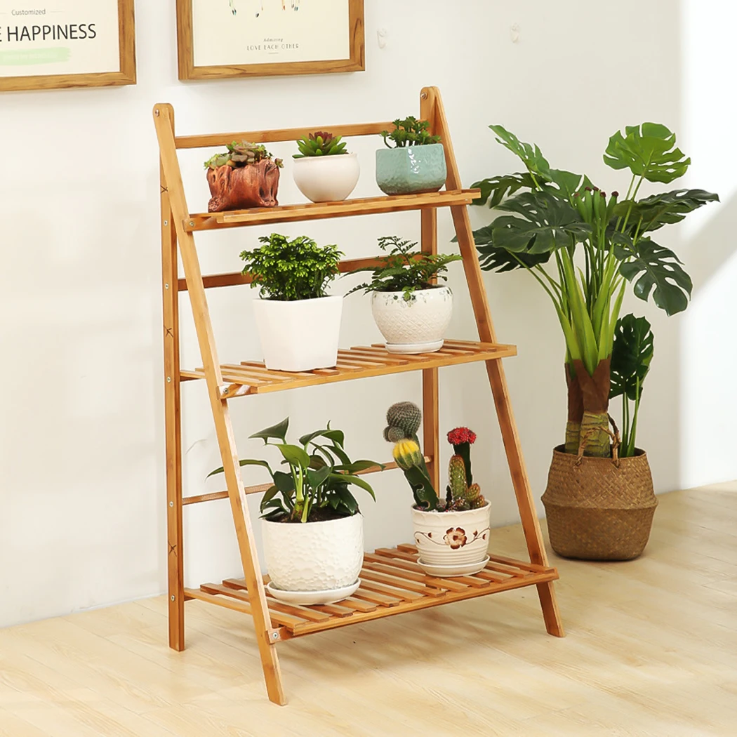 Folding Bamboo Plant Stand 3-Tier Flower Pot Rack Display Shelf Plants Holder Organizer Storage Shelving for Patio Garden