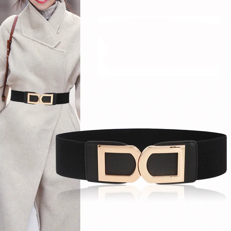 

Fashion Women Wide Elastic Black Waistbands Stretch Gold Big Buckle Belt Lady Cummerband Girls Waist Seal For Coat Dress Wedding