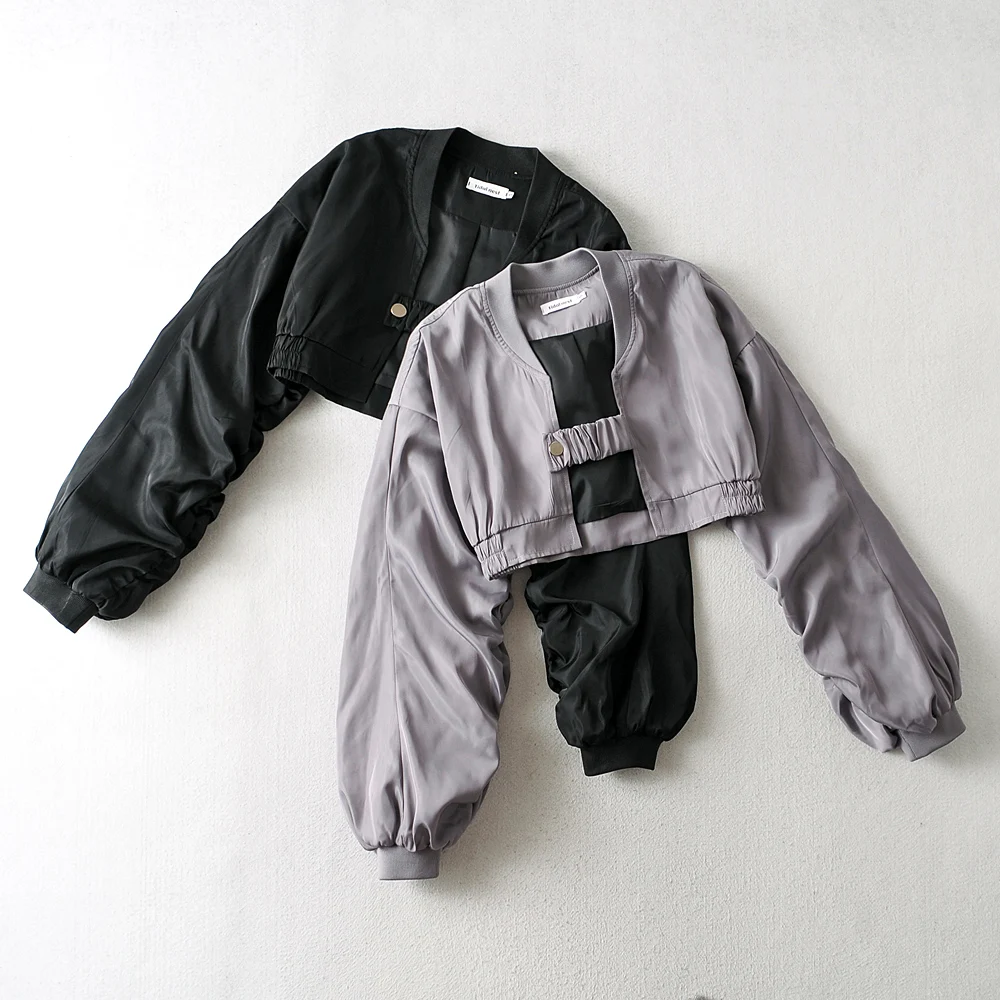 Women Streetwear Ruched Sleeve Casual Basic Cropped Bomber Coat Female Outwear Plain Gray Black Short Women Baseball Jackets