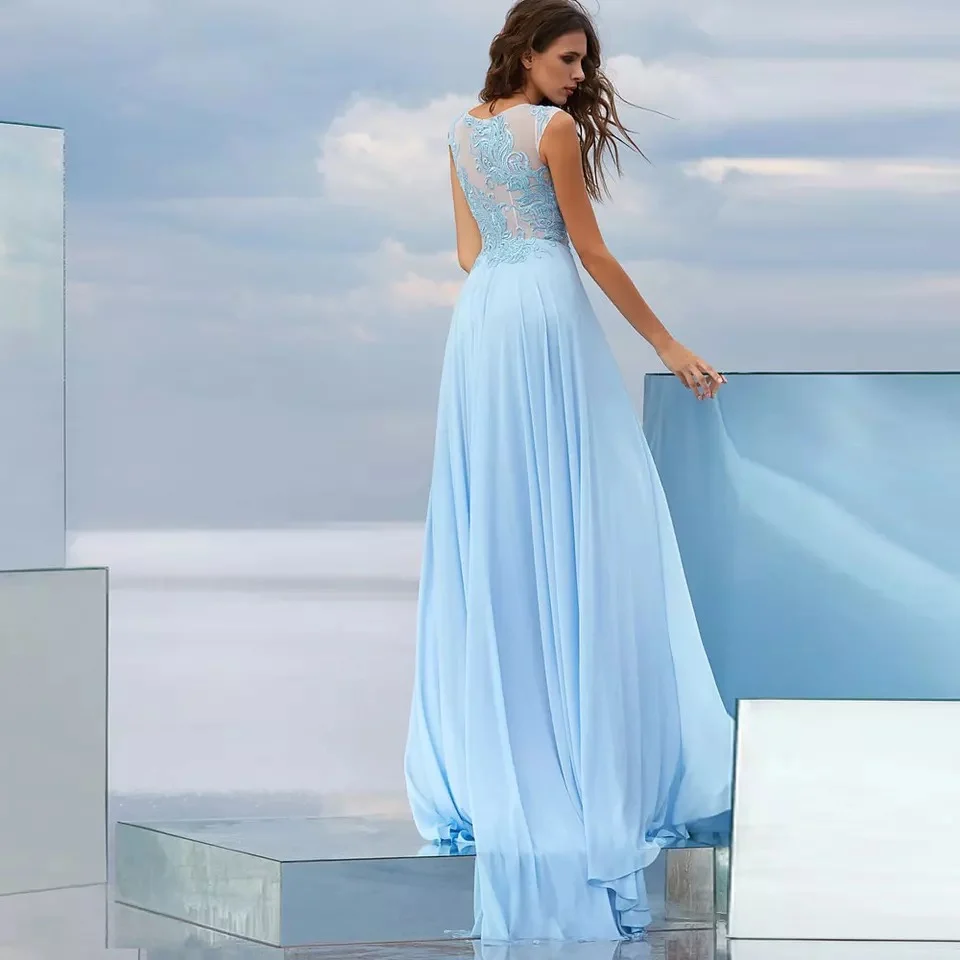 Light Sky Blue Chiffon Prom Dresses 2021 O-hals Kant Elegante A-lijn Party Avondjurk Voor Vrouwen Floor Lengte Sweep Trein