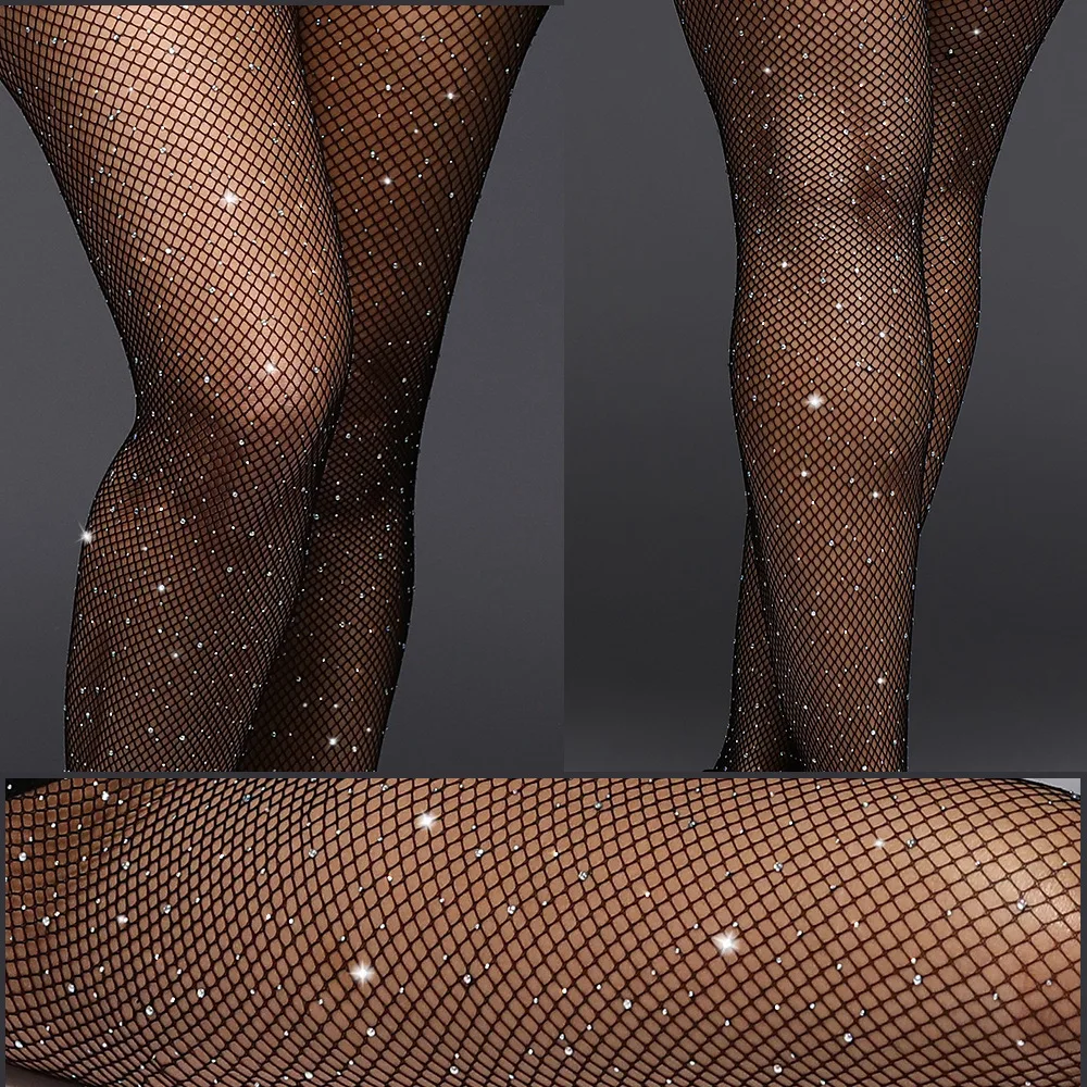 

European Size Sexy Rhinestone Stocking Lace Fishnet Thigh High Knee Socks Nylon Grid Pantyhose Hot Drilling Stocking Sex Play