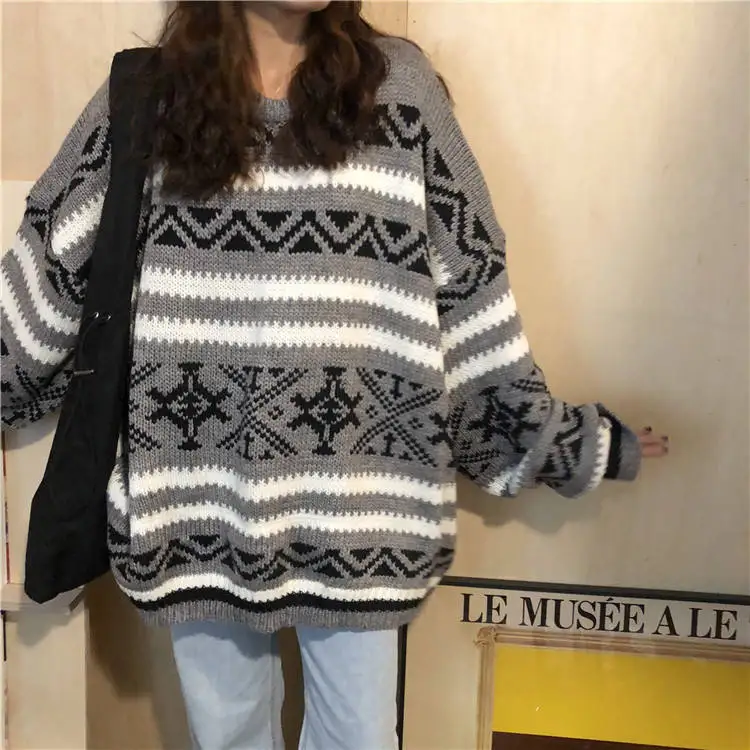 

Vintage Striped Sweaters Women Winter Knitted Pullovers O Neck Jumper Laides Casual Oversized Loose Sweaters Jerseys Mujer