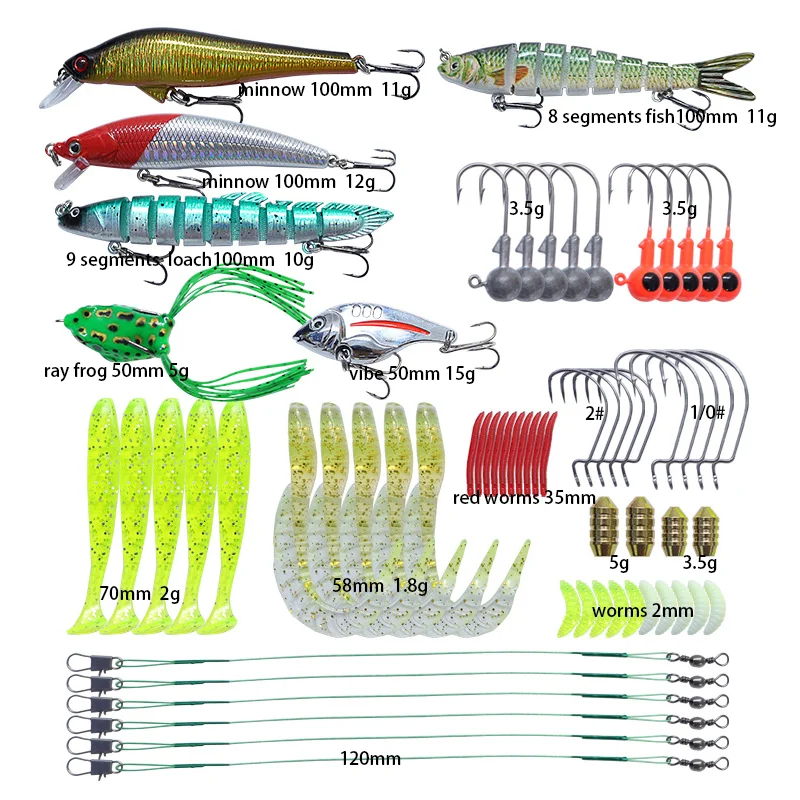 

75pcs Fishing Lures Set Mixed Bait Wobblers Bionic Fake Lure Boxed Mino VIB Multi-section Bait Soft Bait Lead Hook Thunder Frog