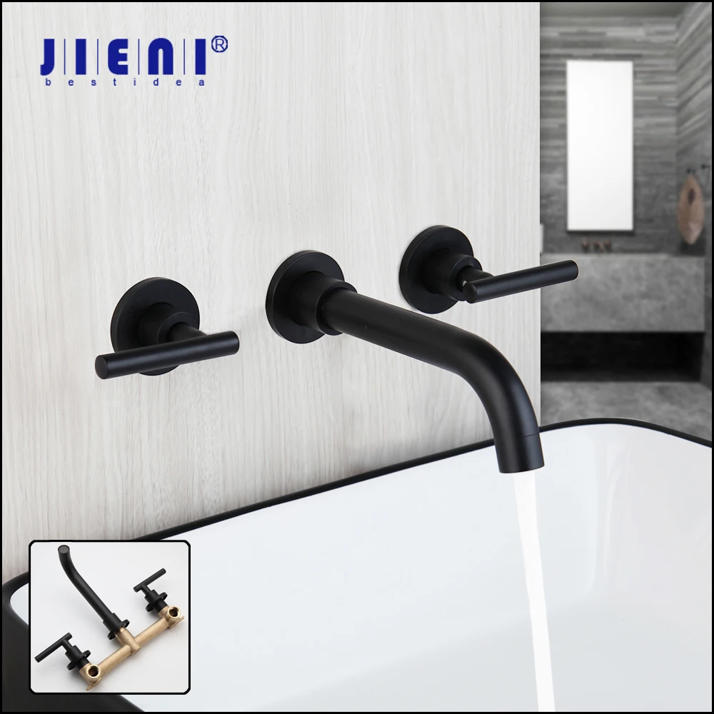 JIENI Matte Black Bathroom Bathtub Faucet Stream Spray Wall Mounted Soild Brass Wash Basin Sink Bathtub Mixer Tap Faucet