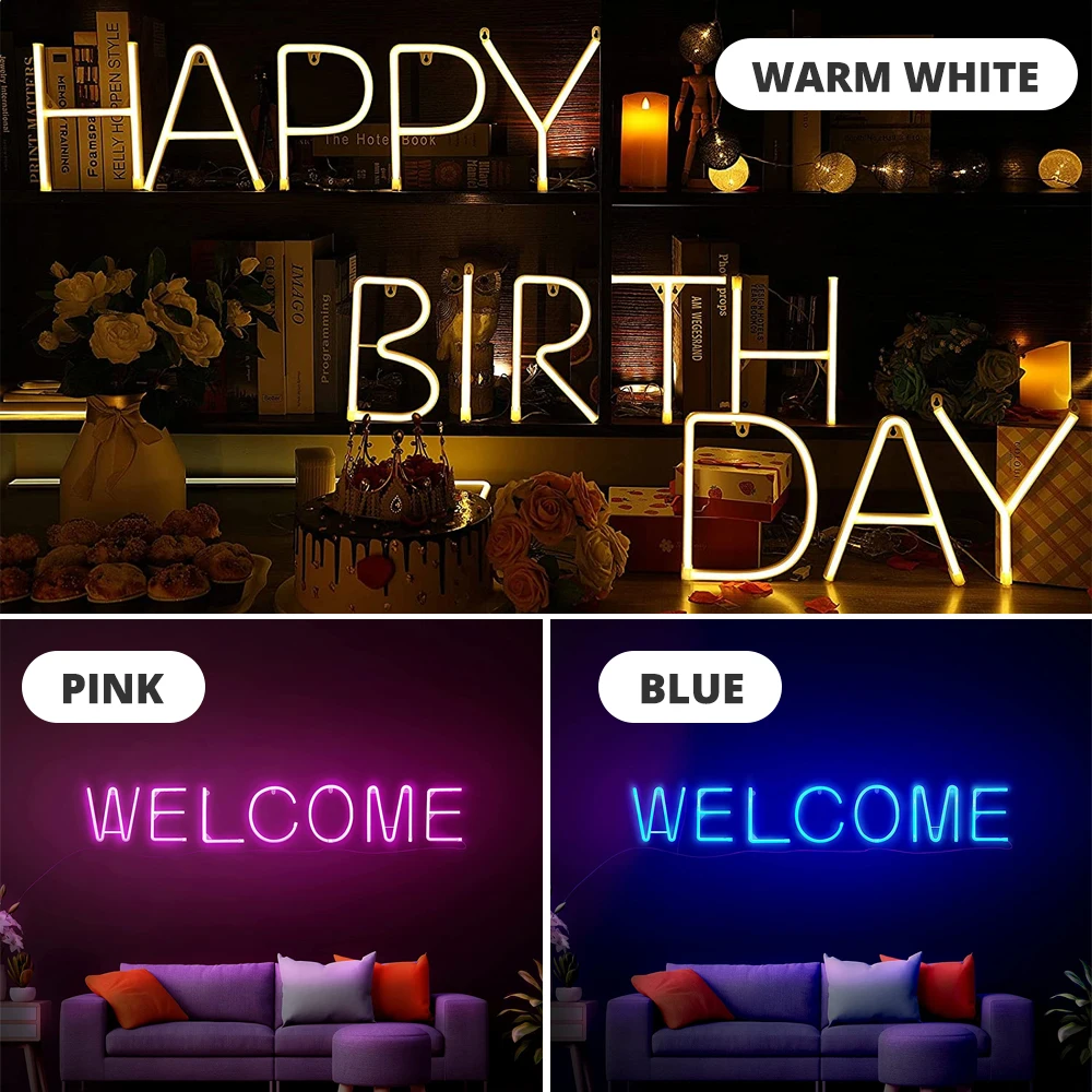 Luci per lettere a Led batteria al Neon fai-da-te e alimentatore USB parete per camera da letto interna decorazione per appendere a parete con marchio di parole di natale