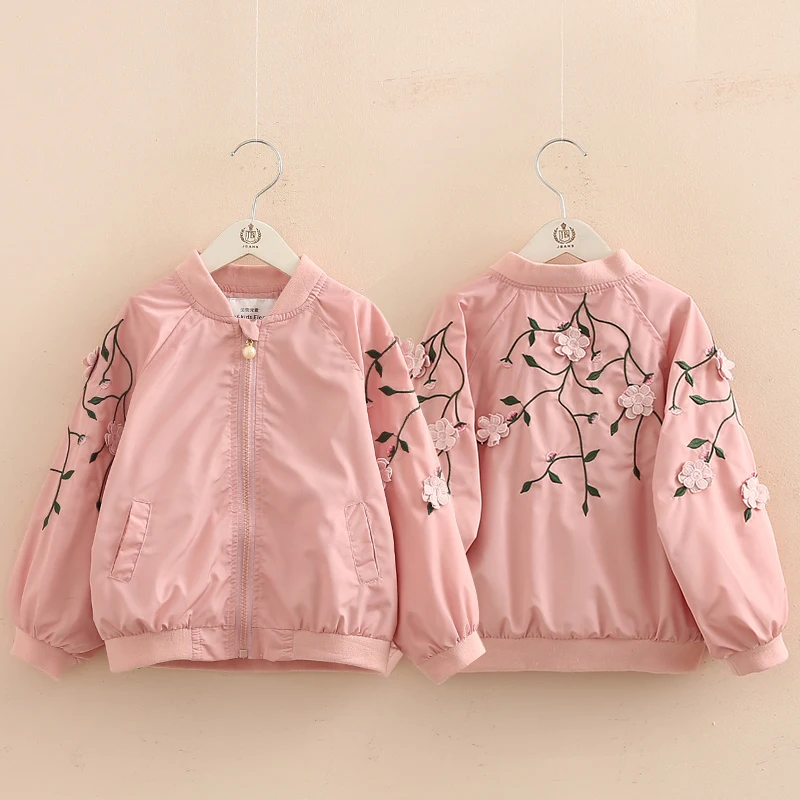 2024 Autumn Spring New 3 4 5 6 8 10Years Embroidery Flower Floral Mandarin Collar Pearl Zipper Loose Jacket For Baby Kids Girls