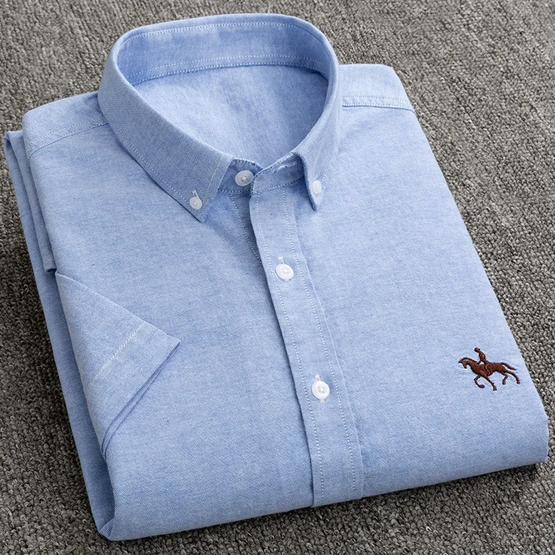 Quality Summer 100% Cotton Oxford Shirt Men\'s Short Sleeve Embroidered Horse Casual Solid Dress Shirts Men Plus Size 5XL 6XL