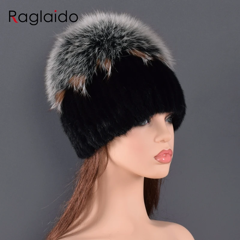 

High Quality Mink Fur Hat For Women Natural Mink Fur Hats with Luxury Big Pompom Fox Fur Ball Beanies Winter Women's Cap LadyHat
