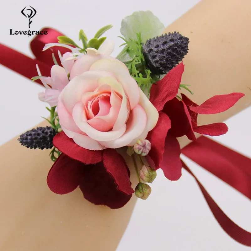 Lovegrace Sposo Fiore All'occhiello Da Sposa Polso Corsage Fiore Rosso Ragazza Del Braccialetto Da Polso Corpetto Artificiale Falso Fiori Forniture di Nozze