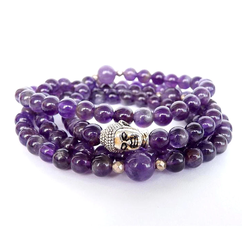 

Tibetan Buddha Yoga 108 Mala Bracelet for Women Men Beads Prayer Gem Bracelets 6 MM Natural Amethyst Real Stone