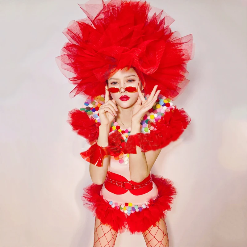 Sexy Gogo Dancer Costumes Red Fur Bodysuit Big Lace Headdress Women Christmas Ds Dj Set Pole Dance Outfit Clubwear XS3243