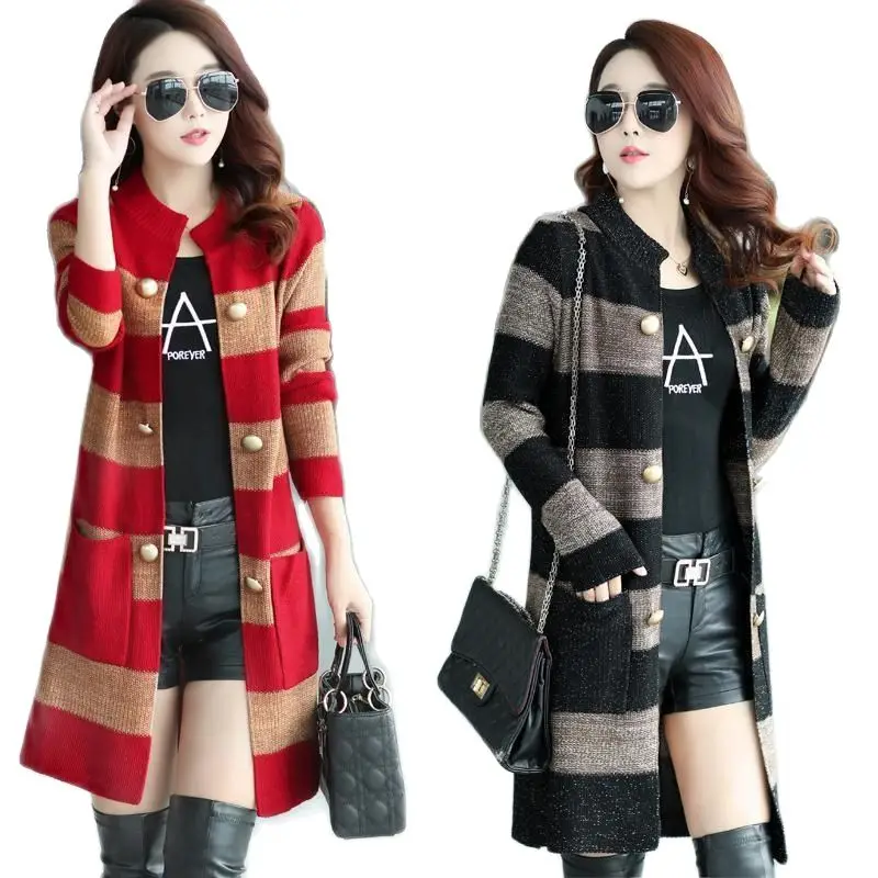 2022 New Women Knitted Sweater Coat Female Spring Autumn Stripe Loose Slimming Coat Women Knitted Mid-Length Cardigan Jacket A98