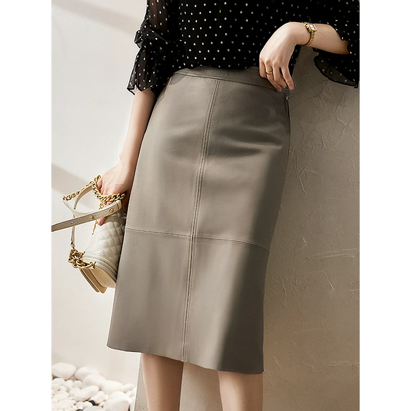 Genuine Leather Skirt Women Casual Style 100% Sheepskin Solid Leather High Waist Female Skirts Classic Design New Fashion