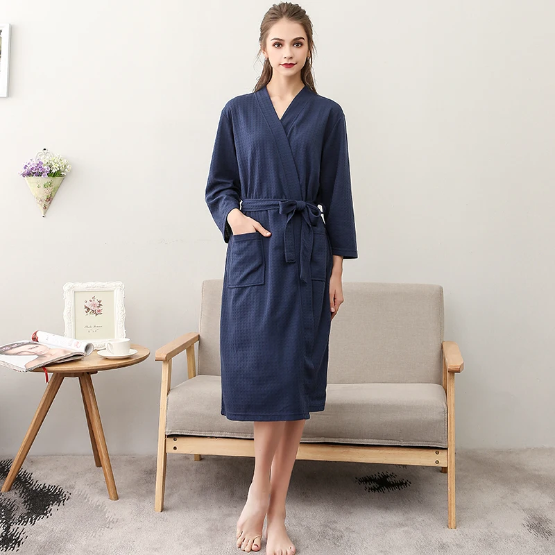 Pyjamas Cotton Robe Long Bathrobes Women navy blue Robe Waffle Robe Female Sleepwear Lounges Homewear домашний халат