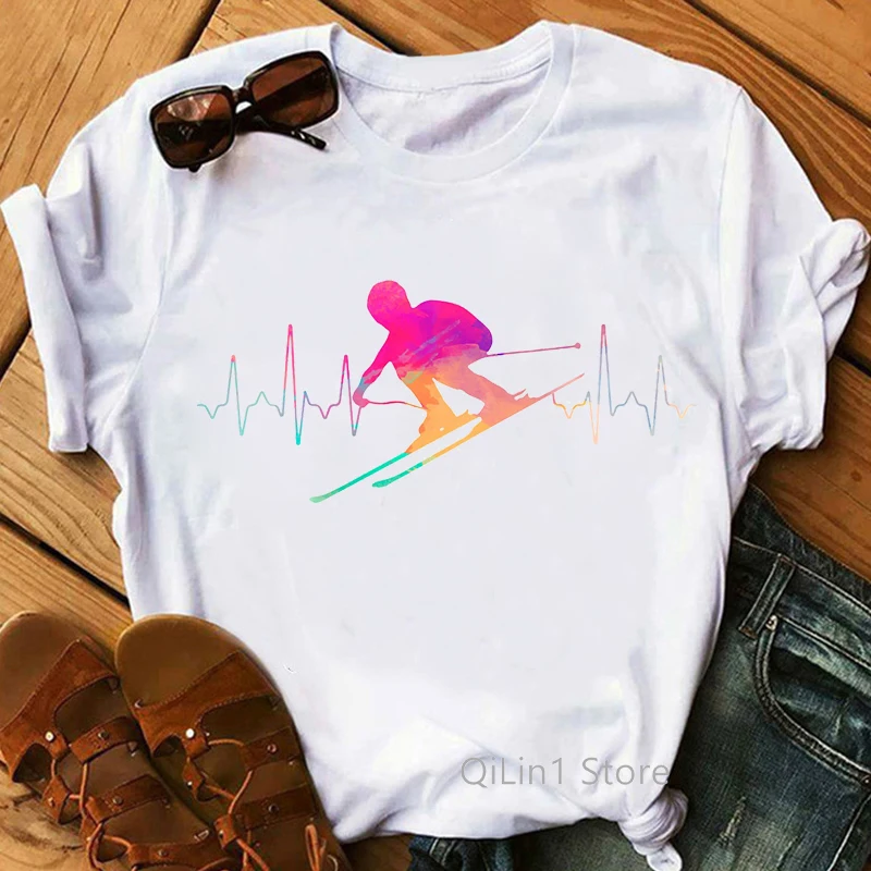 Watercolor Skiing Rainbow Love Electrocardiogram T-Shirt Women'S Clothing Funny Tshirt Femme Harajuku Shirt Kawaii Clothes