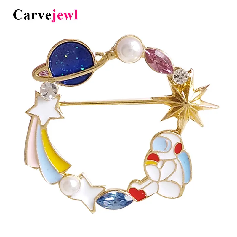 Carvejewl Colorful Round starburst Astronaut Brooch Cartoon Space Enamel comet Pins Badge women girl Jewelry Gift Drop shipping