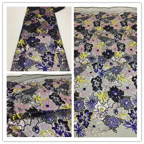 

H-14.121605 New Arrival Gorgeous Crystal Sequins Flowers Material Embroidery French African Lace Fabric for DIY Sewing Dress