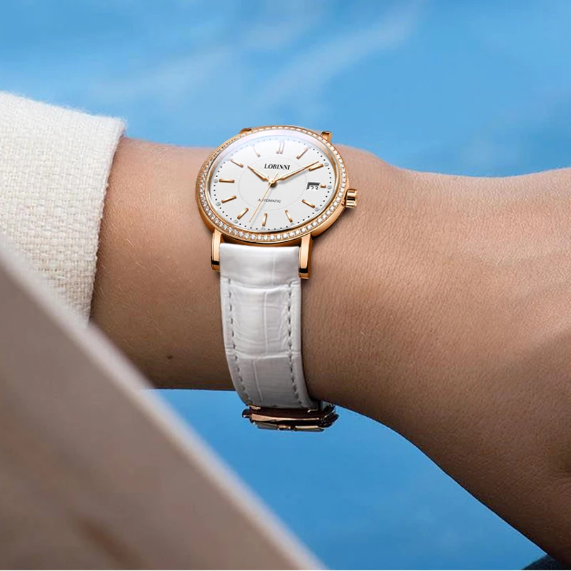 LOBINNI 새로운 MITOTA 무브먼트 여성 시계 럭셔리 라인 석 설정 시계 방수 자동 기계식 여성용 손목 시계