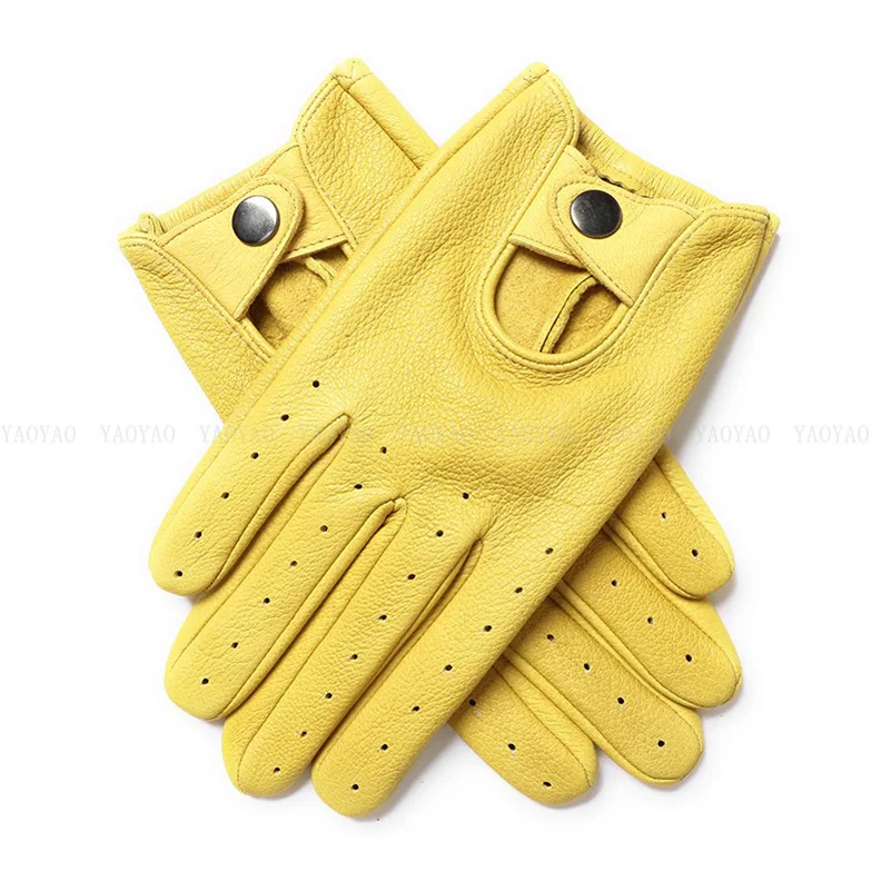 Stylish Women Genuine Leather Thin Gloves Female Full Finger Pure Sheerkin Driving Locomotive Luvas Guantes Mujer Yellow/Black