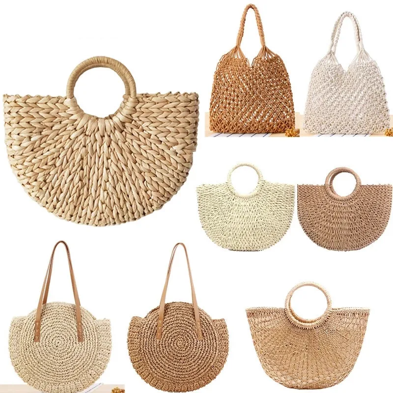 

Vintage Straw Bag Round Rattan Bags Handmade Summer Bags Woven Beach Ladies Circle Shoulder Bag Bohemia Girls Travel Handbags