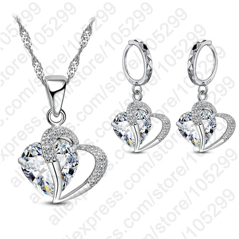 925 Sterling Silver Hearts Pendants Necklace Drop Earrings Jewelry Sets Bridal Wedding Jewellry For Women Girl