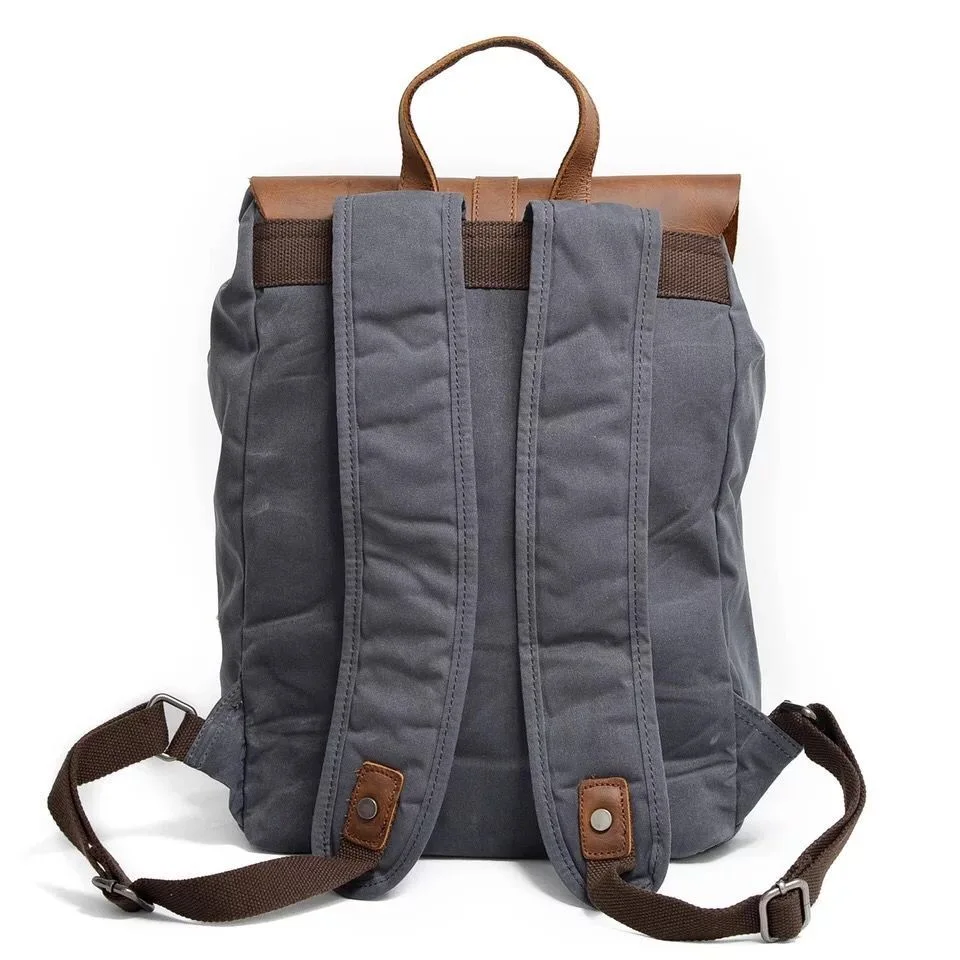 Vintage Leather + Waxed Canvas Backpack Men Laptop Bagpack Teenager School Bookbag Waterproof Large Capacity Travel Rucksack