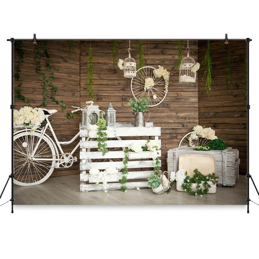 Wedding Photography Backdrop Rustic Wooden Wall Flowers Mariage Background White Bicycle Spring Backdrops Photo Studio