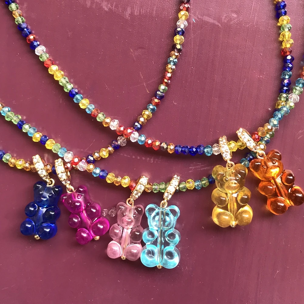 Korean Glass Beaded Collar Shiny Jelly Gummy Bear Pendant Necklace Jewelry Silver Color Zircon Mini Bears Beads Neckalces Women