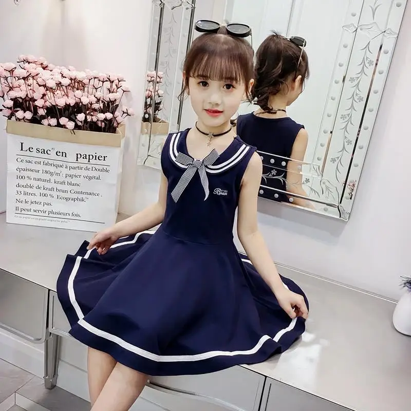 Summer Fashionable Girls Academy dress party Student uniform Sleeveless Dresses cute bow-knot girls costume Flowers kids clothes